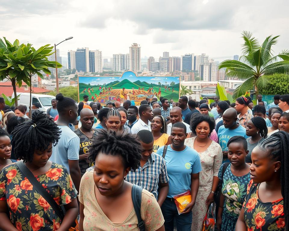 A bustling scene of volunteers in Nigeria, captured with a wide-angle lens and natural lighting. In the foreground, a diverse group of people of all ages engage in various charitable activities, their faces filled with determination and compassion. In the middle ground, a vibrant mural depicts scenes of community empowerment and service. The background showcases the vibrant cityscape, with towering buildings and lush greenery, conveying a sense of hope and progress amidst the challenges. The overall atmosphere is one of unity, purpose, and a shared commitment to making a positive impact on the lives of those in need.