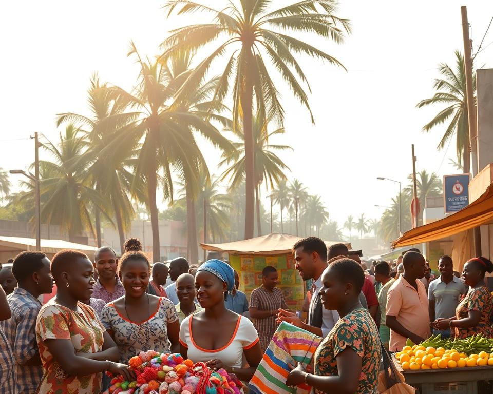 A bustling street in Nigeria, illuminated by warm afternoon sunlight. In the foreground, a group of people gather around a colorful display of handcrafted goods, their faces alight with enthusiasm as they engage in lively discussions and transactions. In the middle ground, a vibrant market stall showcases an array of locally sourced produce, while in the background, the silhouettes of towering palm trees sway gently against a cloudless sky. The scene exudes a sense of community, economic activity, and the spirit of a nation coming together to support one another through meaningful fundraising initiatives.
