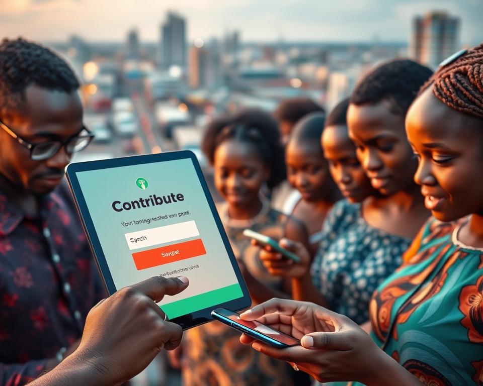 A vibrant online donation platform set against the backdrop of a bustling Nigerian cityscape. In the foreground, a sleek digital interface invites users to contribute with a single click, its modern design elements conveying a sense of ease and accessibility. The middle ground features a diverse array of people, their faces illuminated by the glow of their mobile devices as they engage with the donation process. In the distant background, the skyline is dotted with skyscrapers and bustling streets, conveying the energy and dynamism of the Nigerian landscape. Warm, golden lighting casts a welcoming glow over the scene, evoking a sense of hope and community. The overall composition suggests a seamless integration of technology and social impact, empowering individuals to make a meaningful difference from the comfort of their own devices.