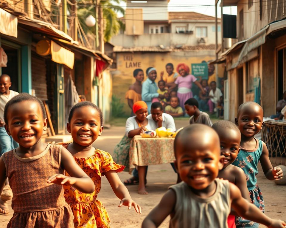 A vibrant street scene in a bustling Nigerian city, showcasing the heartwarming stories of lives transformed by charitable donations. In the foreground, a group of smiling children play joyfully, their faces alight with newfound hope. In the middle ground, a family gathers around a modest but well-stocked table, a testament to the life-changing impact of generosity. In the background, a colorful mural depicts scenes of community resilience and the promise of a brighter future. The scene is bathed in warm, golden light, conveying a sense of optimism and gratitude. Realistic yet evocative, this image captures the essence of "Stories of Lives Changed by Donations."